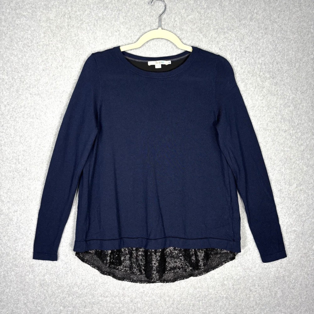 Boden Sweater Womens Medium Navy Merino Wool Open Wrap Back Sequin Tunic Lila