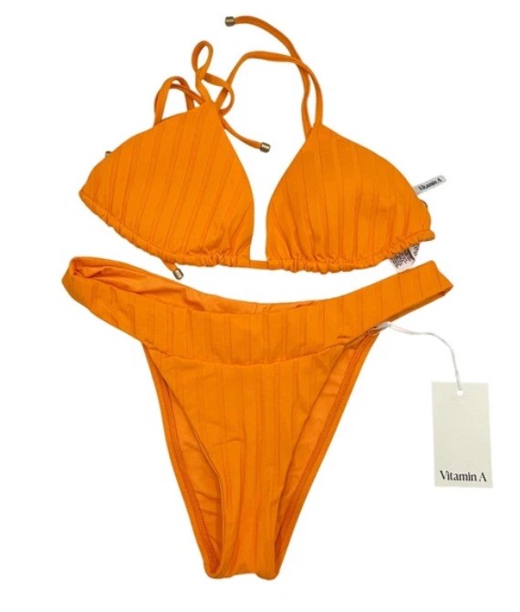 -:) Bright Orange Ribbed Triangle Bikini Set Size Medium NWT Swimwear