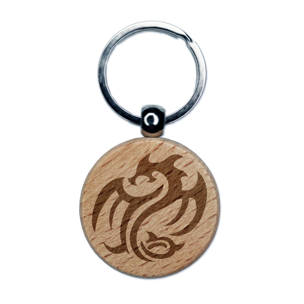 Tribal Dragon Swirl Engraved Wood Round Keychain Tag Charm