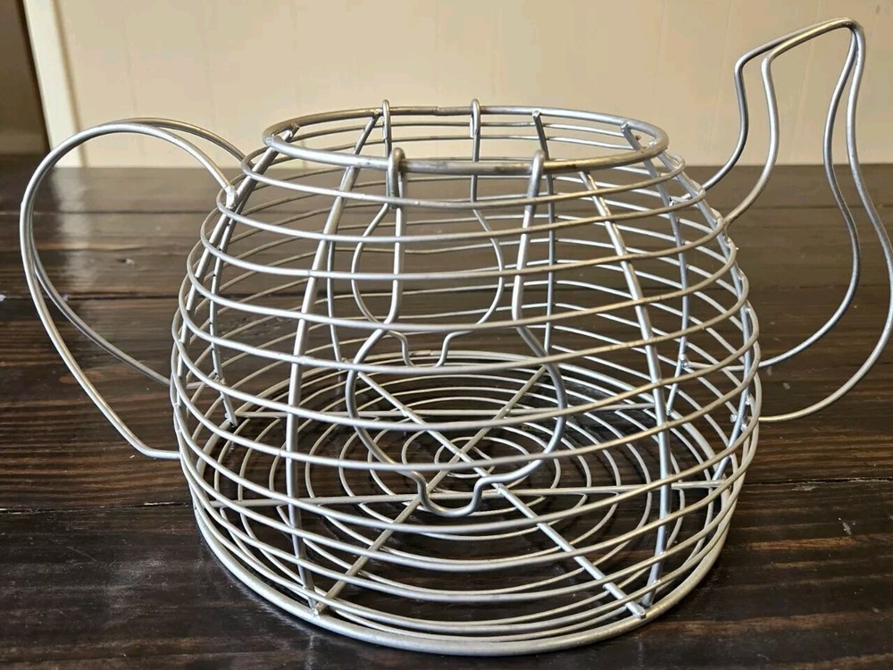 Vintage Wire Teapot Egg Basket Kettle Shaped Folding Handles Farmhouse Kitchen