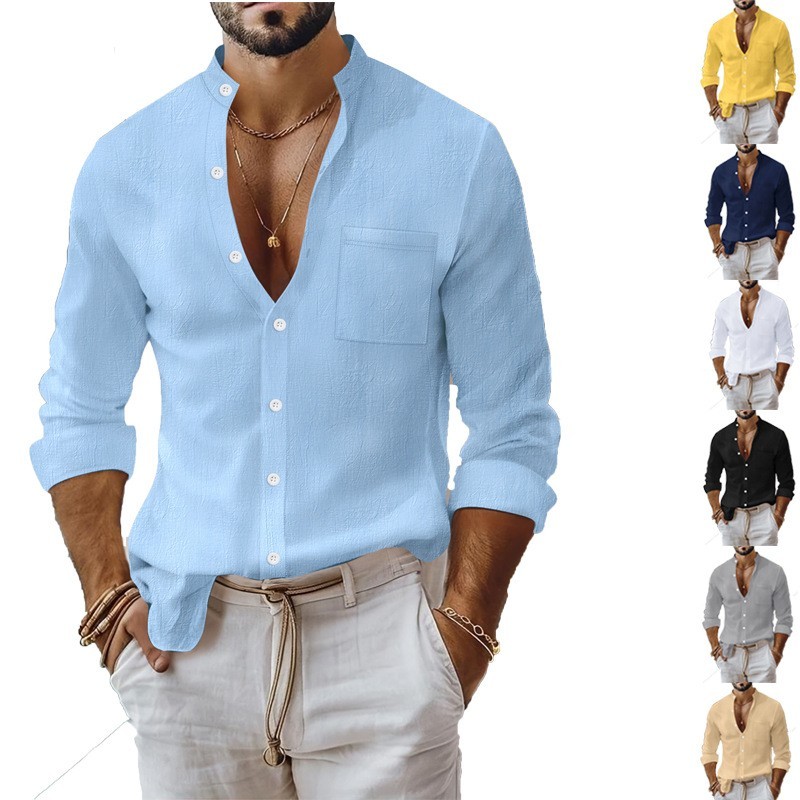 Men's solid color cotton and linen shirt standing collar long sleeved casual shi