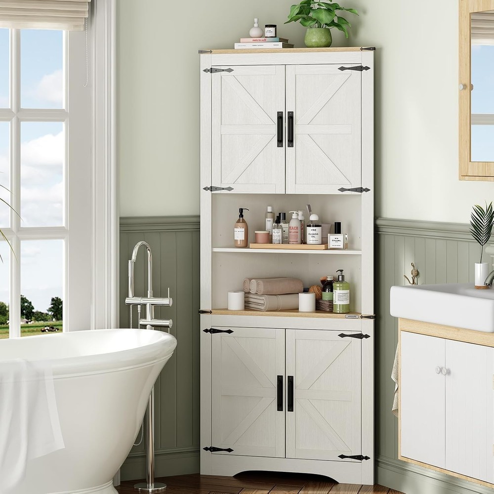 71-Inch Farmhouse Corner Storage Cabinet with Adjustable Shelves and Door