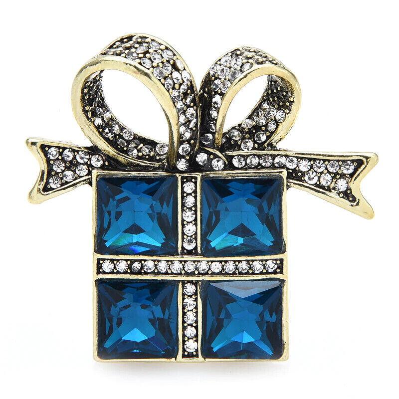 Vintage Gift Box Crystal Rhinestone Blue Bowknot Brooch Pin and Gold Bag - VIDEO
