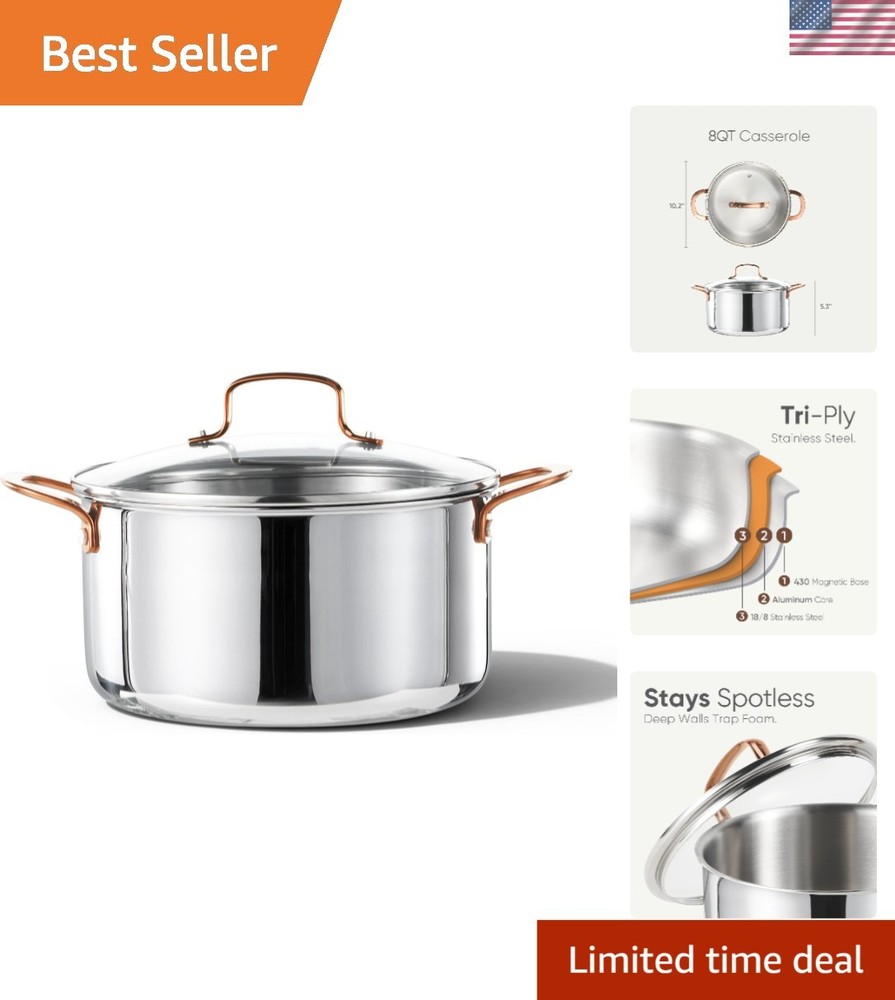 Durable 8 Qt Tri-Ply Stockpot - Oven Safe, Induction and Dishwasher Friendly