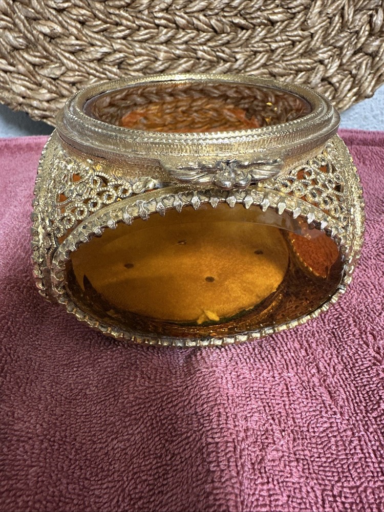 Vintage Brass Jewelry Casket Box Ormolu Filigree Beveled Glass 4-Sided Amber