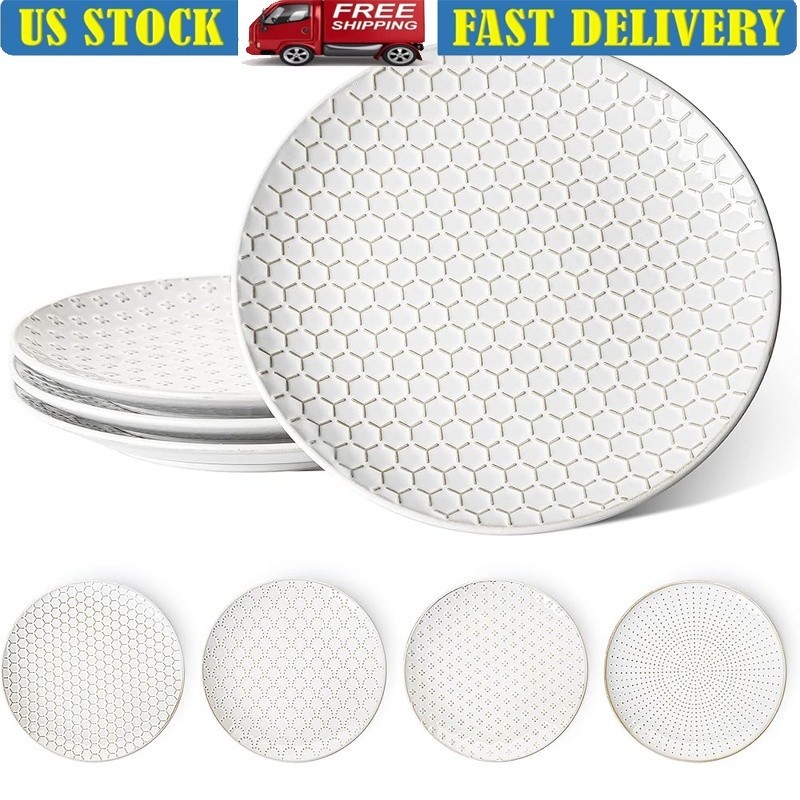 Embossed Ceramic Dinner Plate Set Parties Elegant Tableware Microwave Safe New