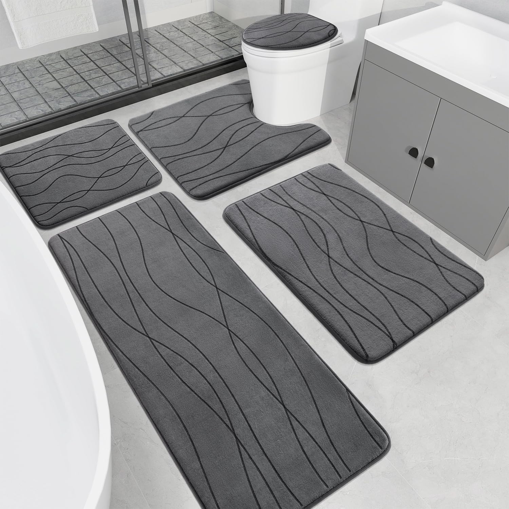 5-Piece Grey Memory Foam Bathroom Rug Set Ultra Absorbent Non-Slip Bath Mat