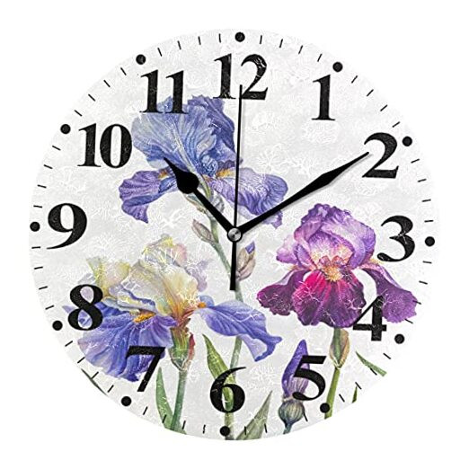 Royal Iris Flowers Printed Round Wall Clock 9.8 Inch Battery Operated Decor