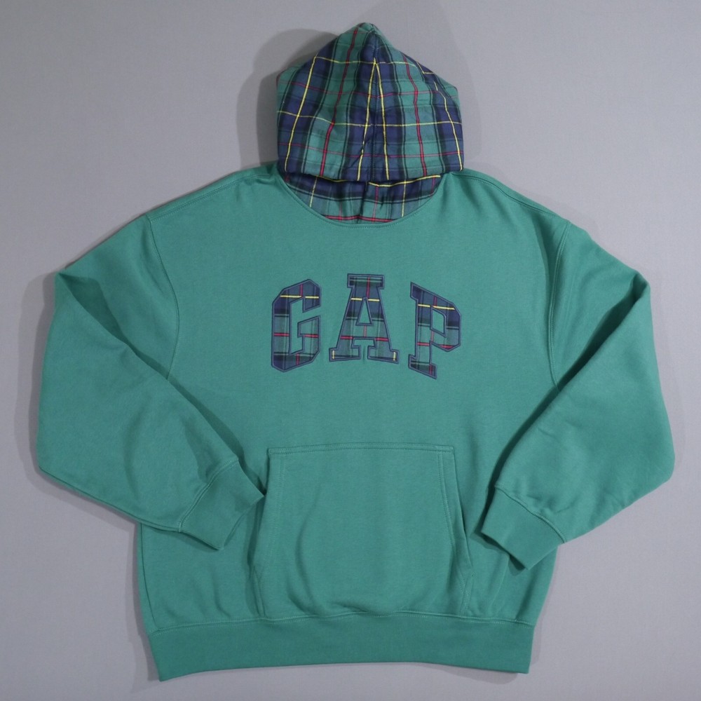 Gap Green Plaid Arch Logo Oversized Fleece Hoodie Size L