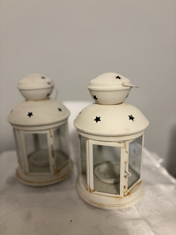 Vintage White Colonial Lantern Pair with Real Wax or LED Lights