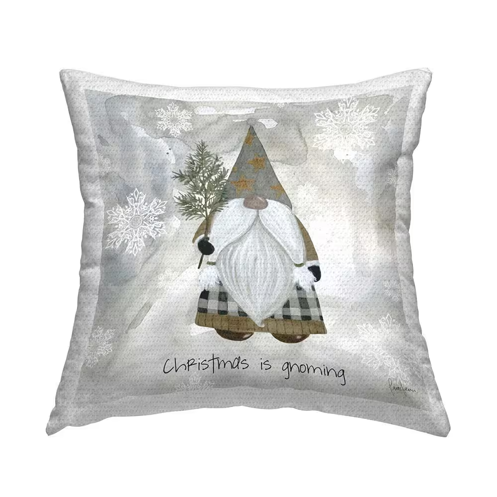 Seasonal Gnome Holding Holiday Pine Snowflakes Grey Square Outdoor Throw Pillow-image