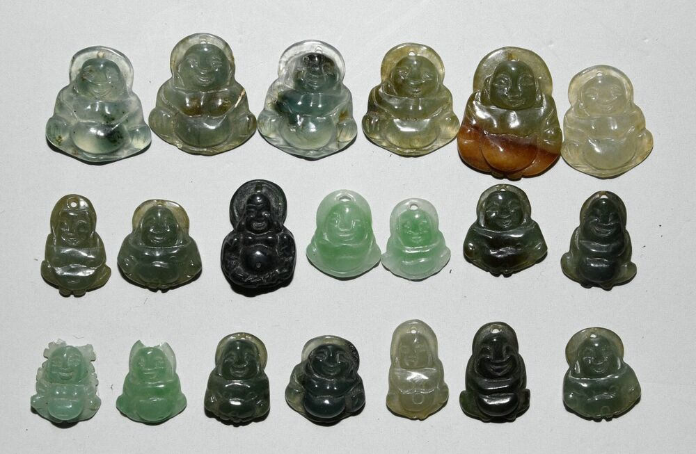2.5CM China Jadeite Emerald Happy Laugh Maitreya Buddha Amulet Pendant Set