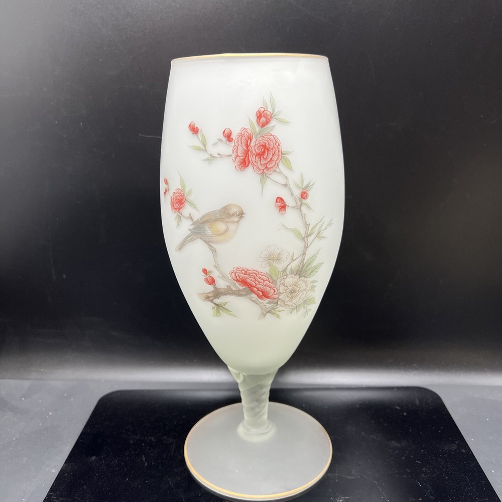 Vintage Satin Frosted Glass Twisted Pedestal  Italian  Vase Floral Decor