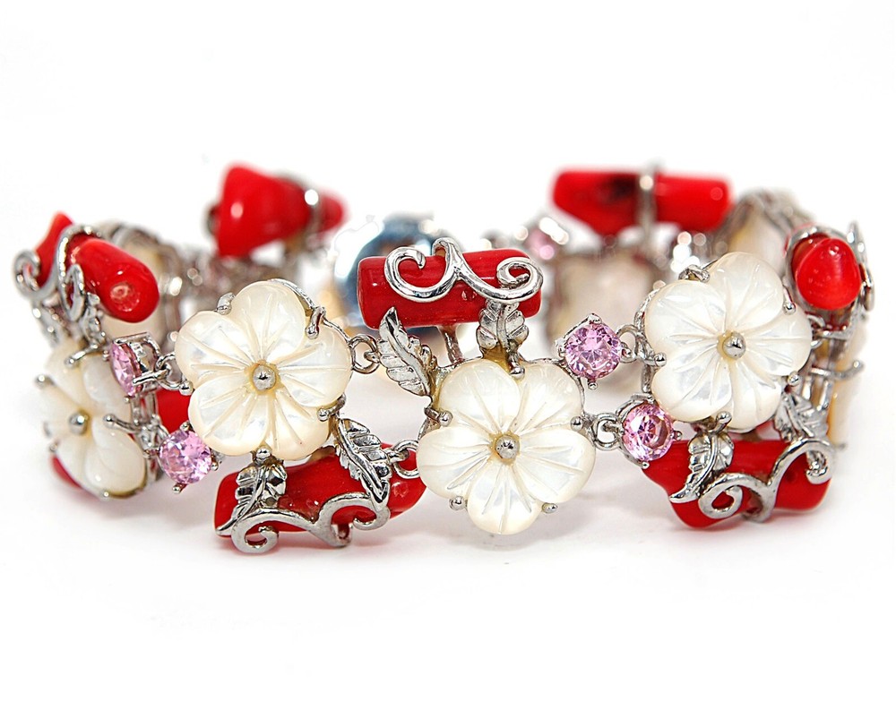 Rough Orange Carnelian Flower Sterling Silver Tennis Bracelet AB9