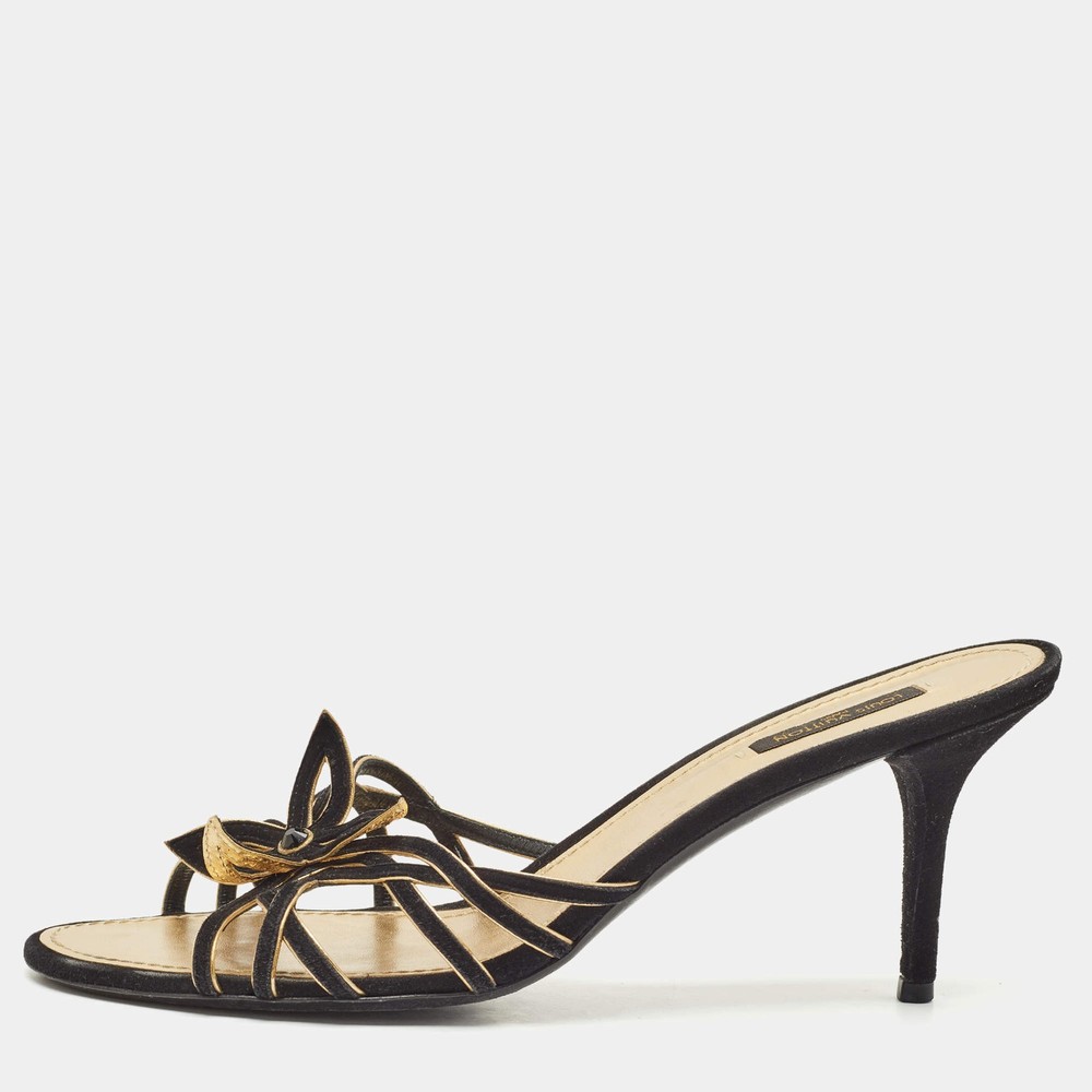 Louis Vuitton BlackGold Suede Cut Out Slide Sandals Size 41