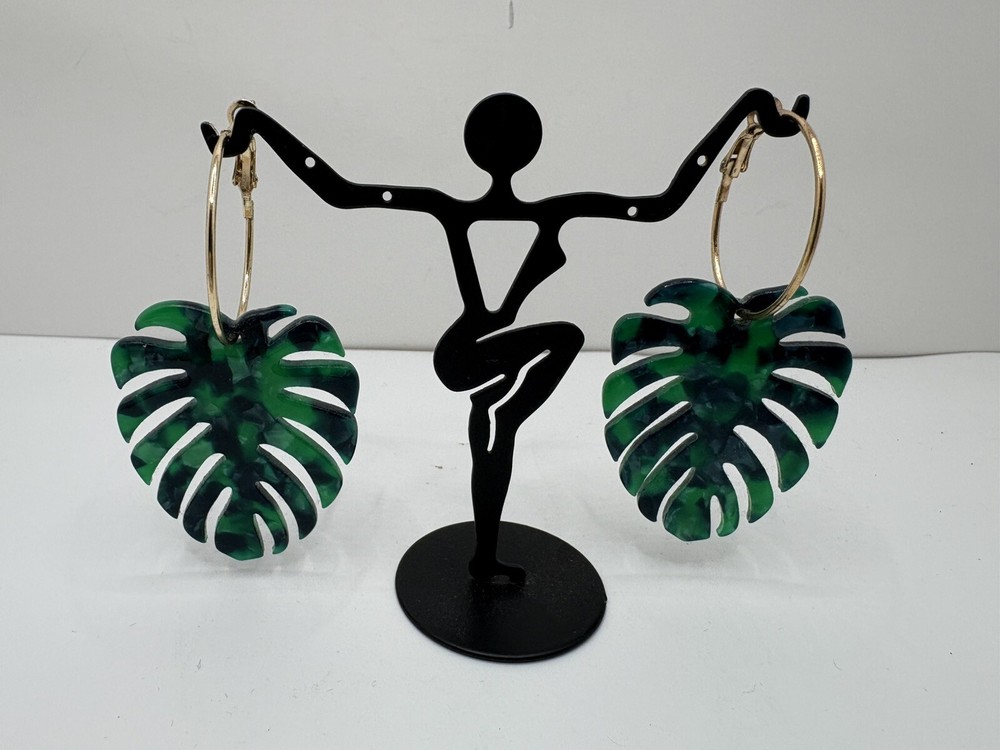 Green Colorful Leaf Hoop Earrings Retro Bohemian Style Acetate Acrylic