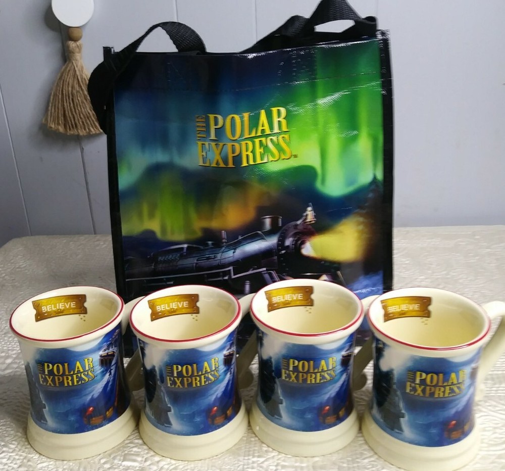 Polar Express Christmas Movie 4 Mug Gift Set with Bonus Tote Bag  