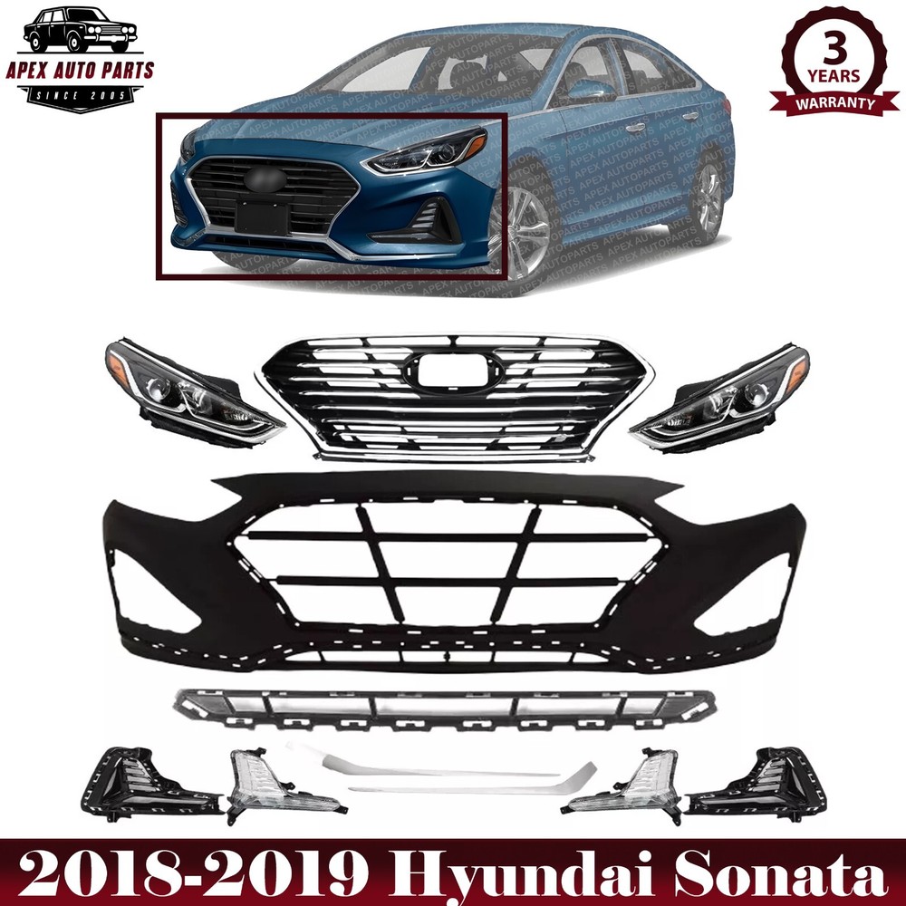Front Bumper Cover Fascia & Grille Assembly Kit For 2018-2019 Hyundai Sonata