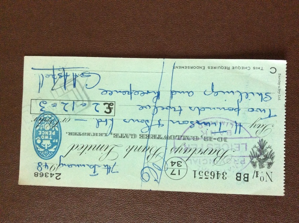 1948 Barclays Bank B1U Ephemera Cashed Cheque No. 346551 BB