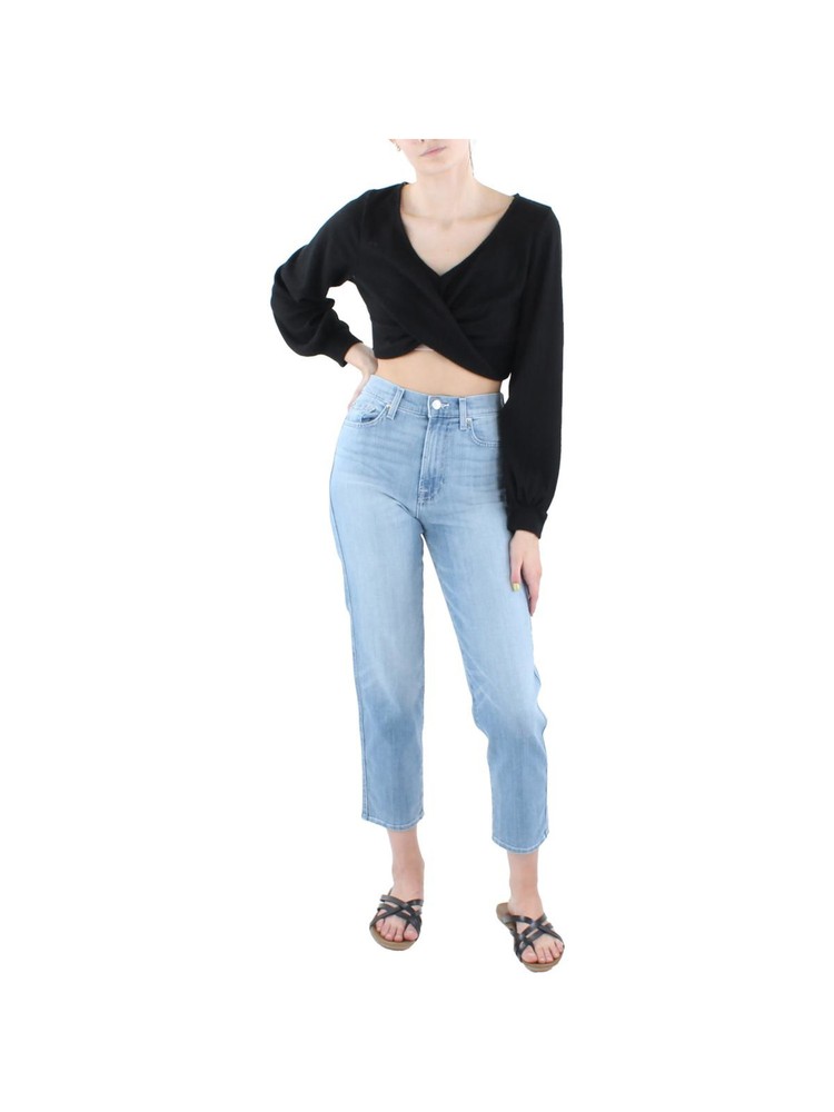 ALMOST FAMOUS Womens Black Knit Twist Front Long Sleeve Crop Top L