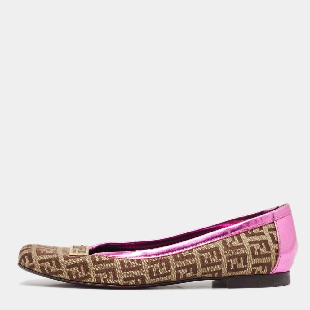 Fendi BrownPink Zucca Canvas and Leather Logo Ballet Flats Size 36