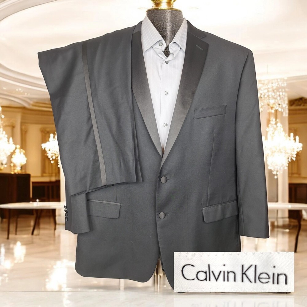Calvin Klein 2 Piece Tuxedo Mens 48S 42X28 Black Wool 2 Button Double Vented