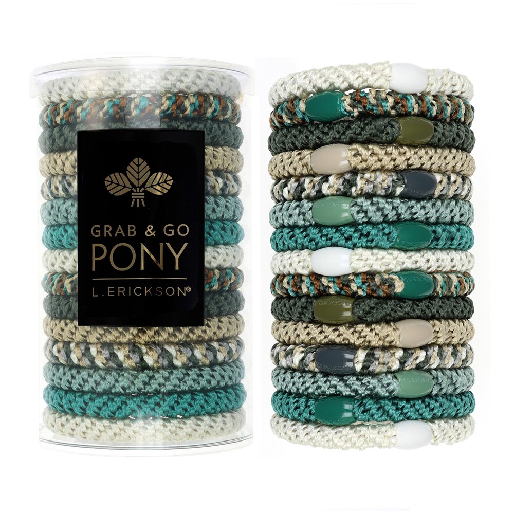 Moss Green & Beige Mix 15-Pack Grab & Go Pony Tube Hair Ties  