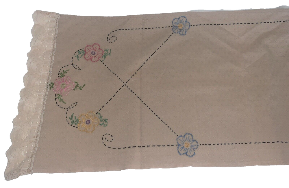 Embroidered beige table runner with lace trim handmade 44x16 elegant dresser scarf