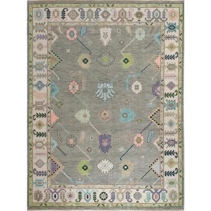 Hand Knotted Wool Oushak Rug 10x14 ft Gray Vintage Floral Handmade Area Rug