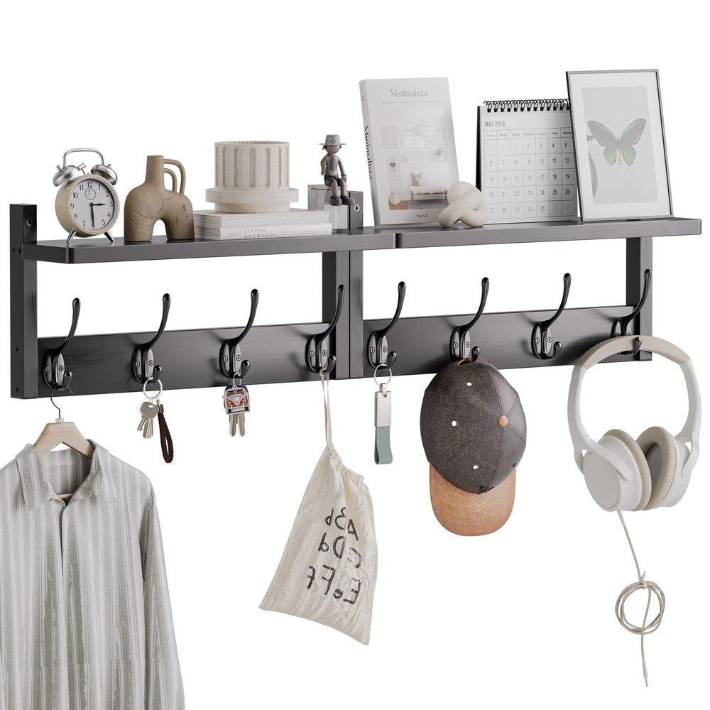 2-Pack Bamboo Wall Coat Rack with Shelf & 8 Hooks for Entryway Storage