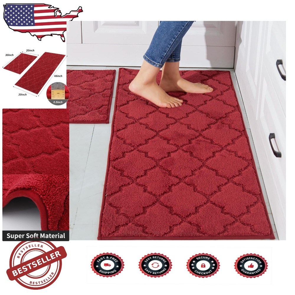 Soft & Stylish Red Kitchen Mats 2 PCS: Non-Slip Absorbent & Machine Washable
