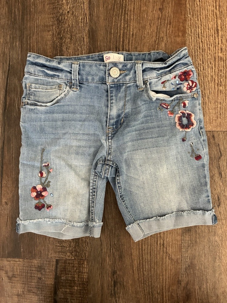 So Kids Girls Embroidered Floral Studded Adjustable Waist Denim Shorts Blue 12
