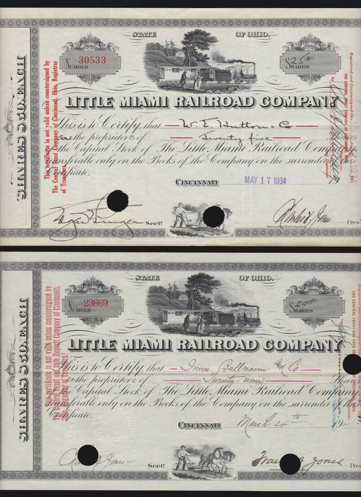 Vintage 1911 & 1934 Little Miami Railroad Co Stock Certificate US Collectible