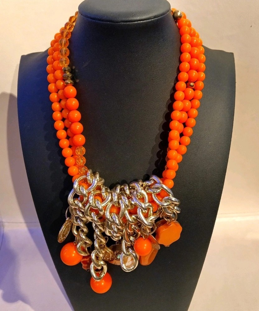 Vintage Multi Strand Chunky Orange Plastic Bead Gold Tone Charm 16