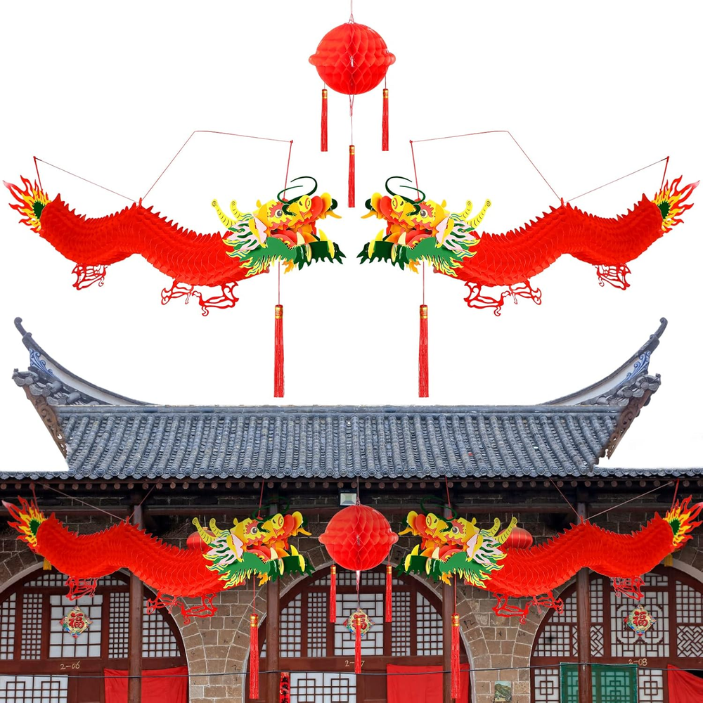 Set of 3 Chinese New Year Dragon Decoration, 2 Pcs 3D Dragon Garland 1 Pcs Red H