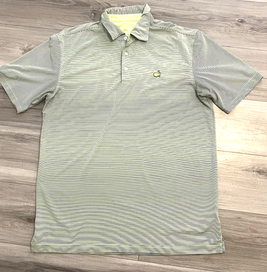 Masters Tech Polo Mens Large Green Striped Golf Polo Augusta National Logo