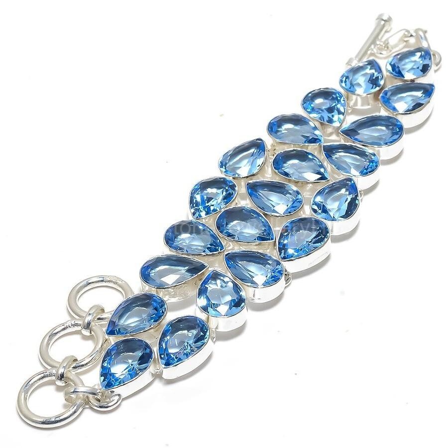 Cyber Monday Deal Blue Topaz Stone Chain Throat Chakra Bracelet Sterling Silver-image