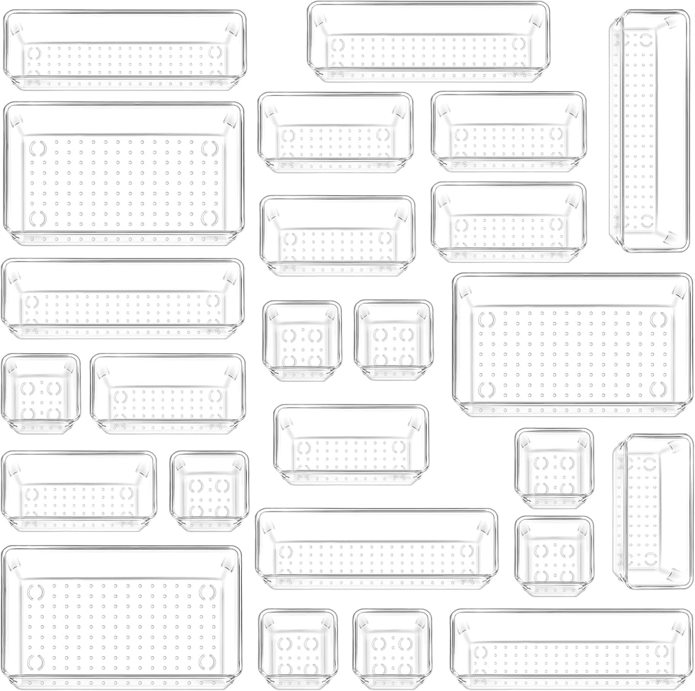 25 PCS Plastic Drawer Storage, 4 Sizes Clear Drawer Organizers, Versatile Drawer