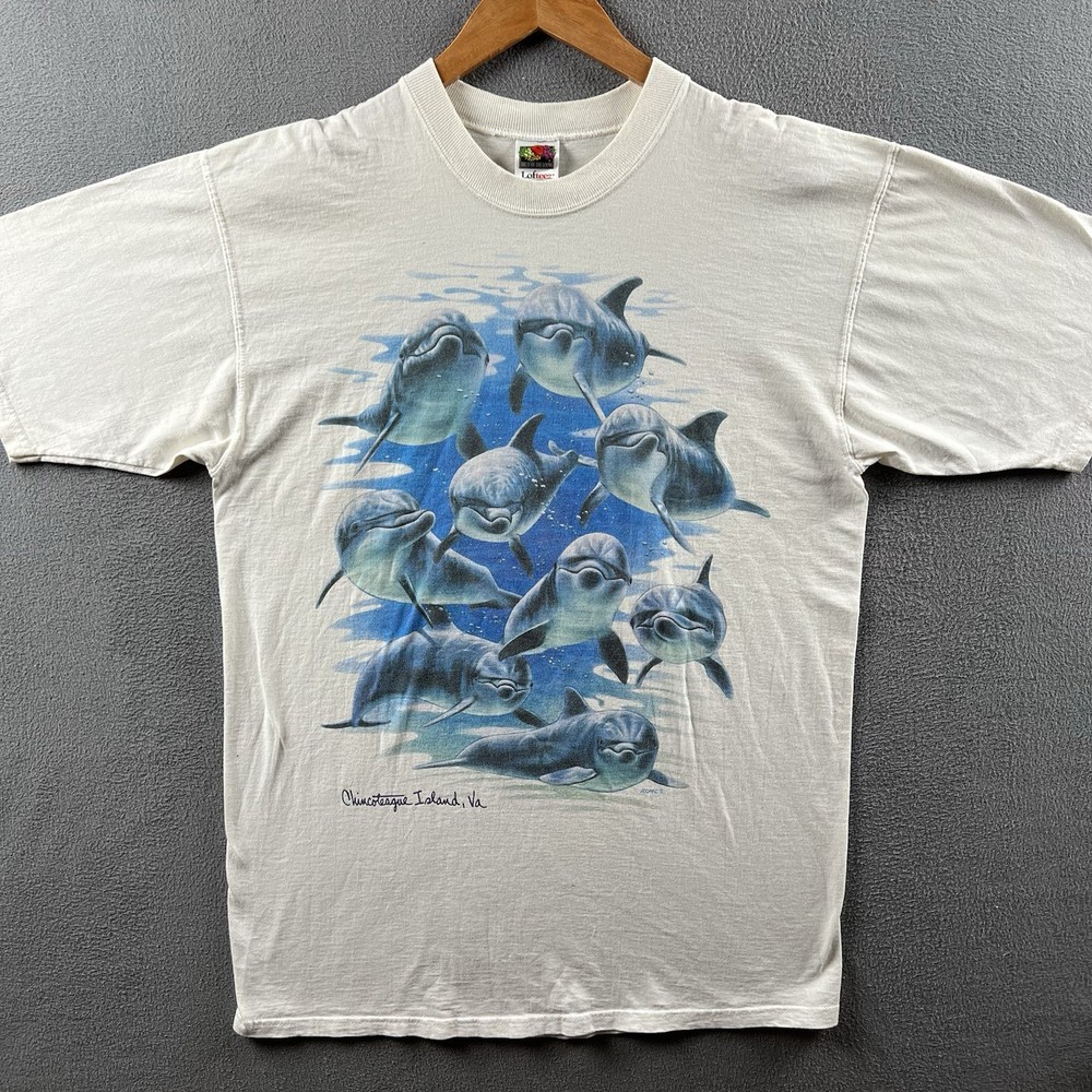 Vintage Dolphins Shirt Mens Large White Dolphin Nature Animal AOP Tee 90s
