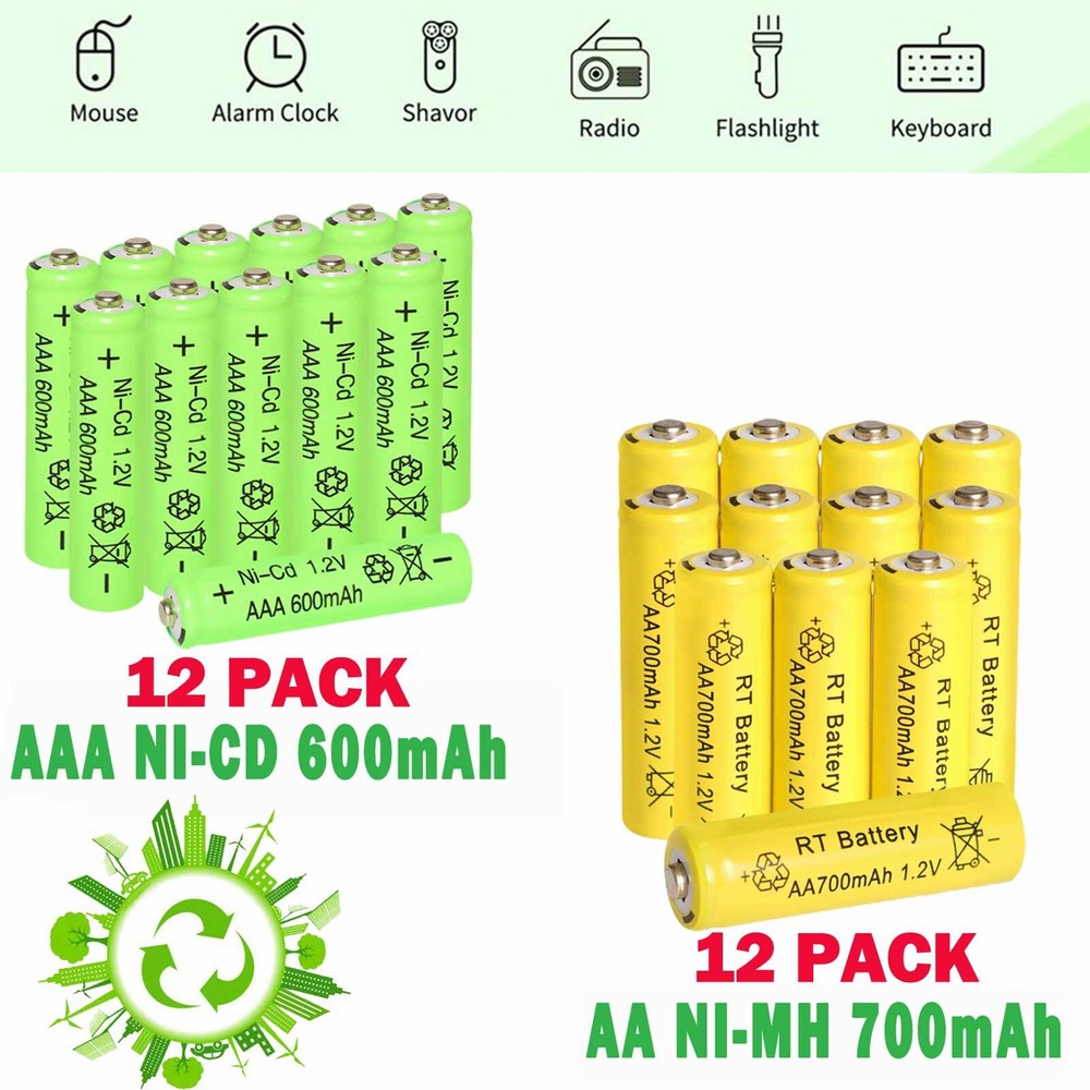 24Pcs AAAAA Rechargeable Batteries Ni-Cd Ni-Mh 600mAh Solar Light AA AAA US