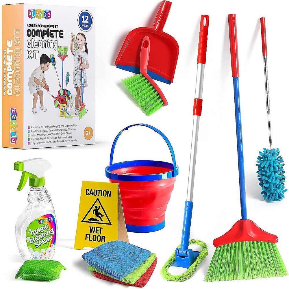 Kids 12-Piece Cleaning Set - Includes Broom, Mop, Duster, Bucket & Accessories
