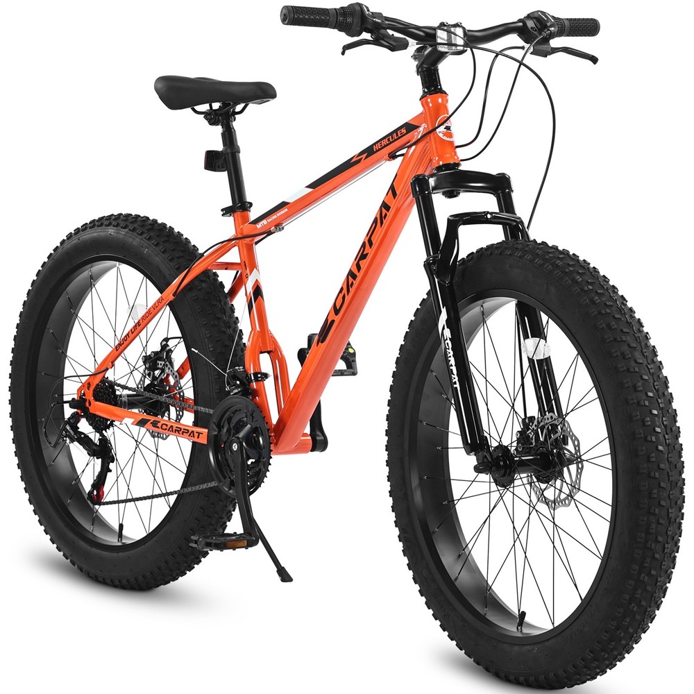 26-inch mountain bike with front suspension, dual disc brakes, 21-speed gears