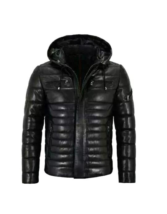 Genuine Lambskin Mens Black Puffer Leather Jacket Hooded Quilted Jacket  MPJ1a
