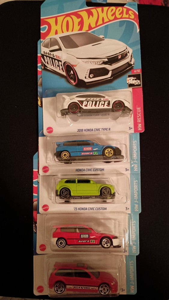 Hot Wheels Honda Civic 5 Car Lot, Type R, '73 Custom, VTEC, Asada Race Garage.