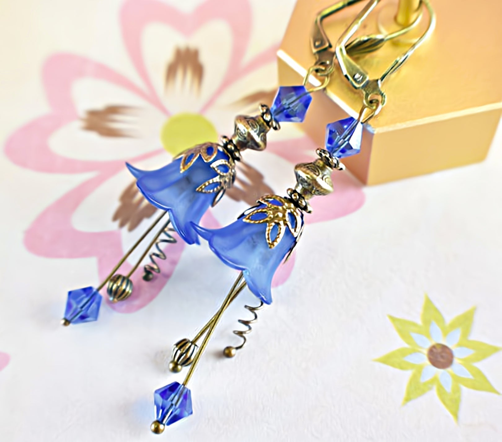 Vintage Victorian Style Royal Blue and Antique Bronze Bell Flower Lucite Earring