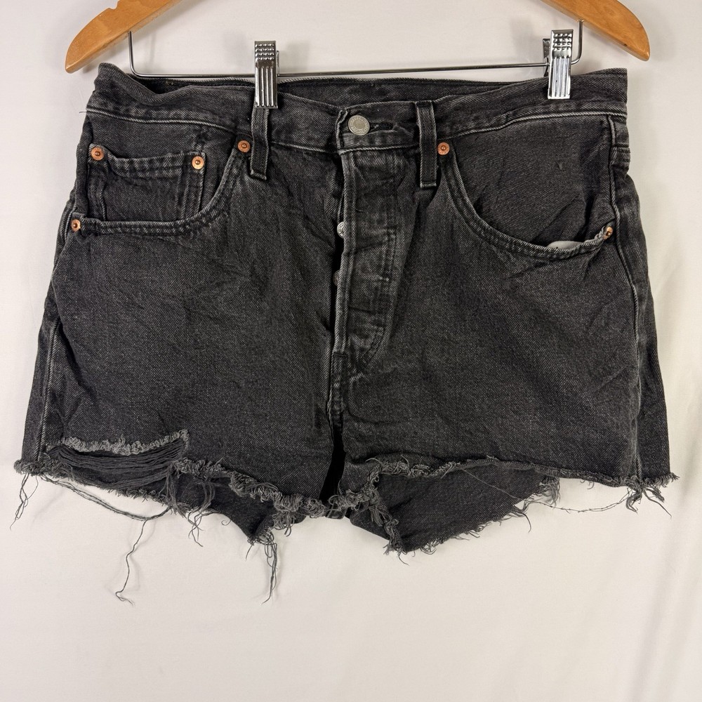 Levi's 501 Shorts Women's Size 30 Black Denim Cut Off Distressed Fringe Button