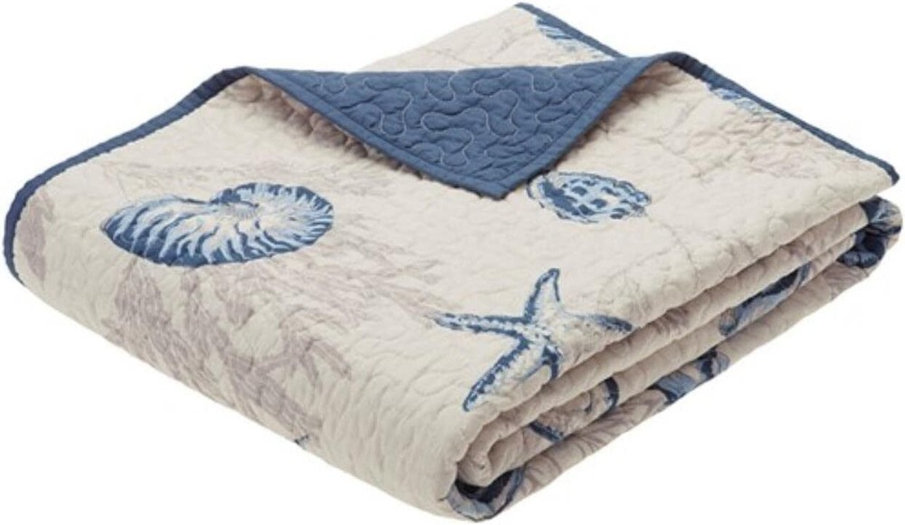 Bayside Luxury Oversized Quilted Throw Ivory Navy Blue 60x70 Coastal Premium ...