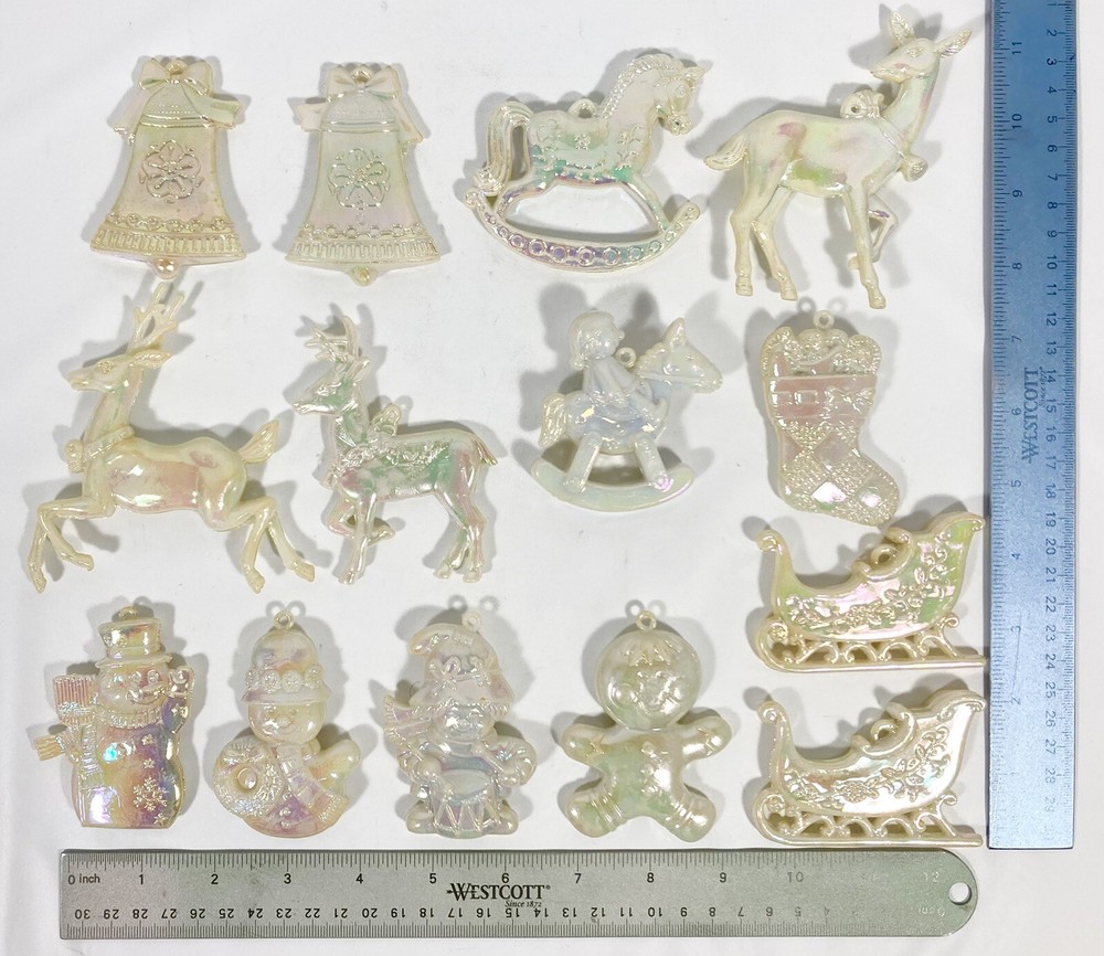 14 Vintage Iridescent Acrylic Christmas Tree Ornaments Featuring Reindeer Bells Sleigh Snowman