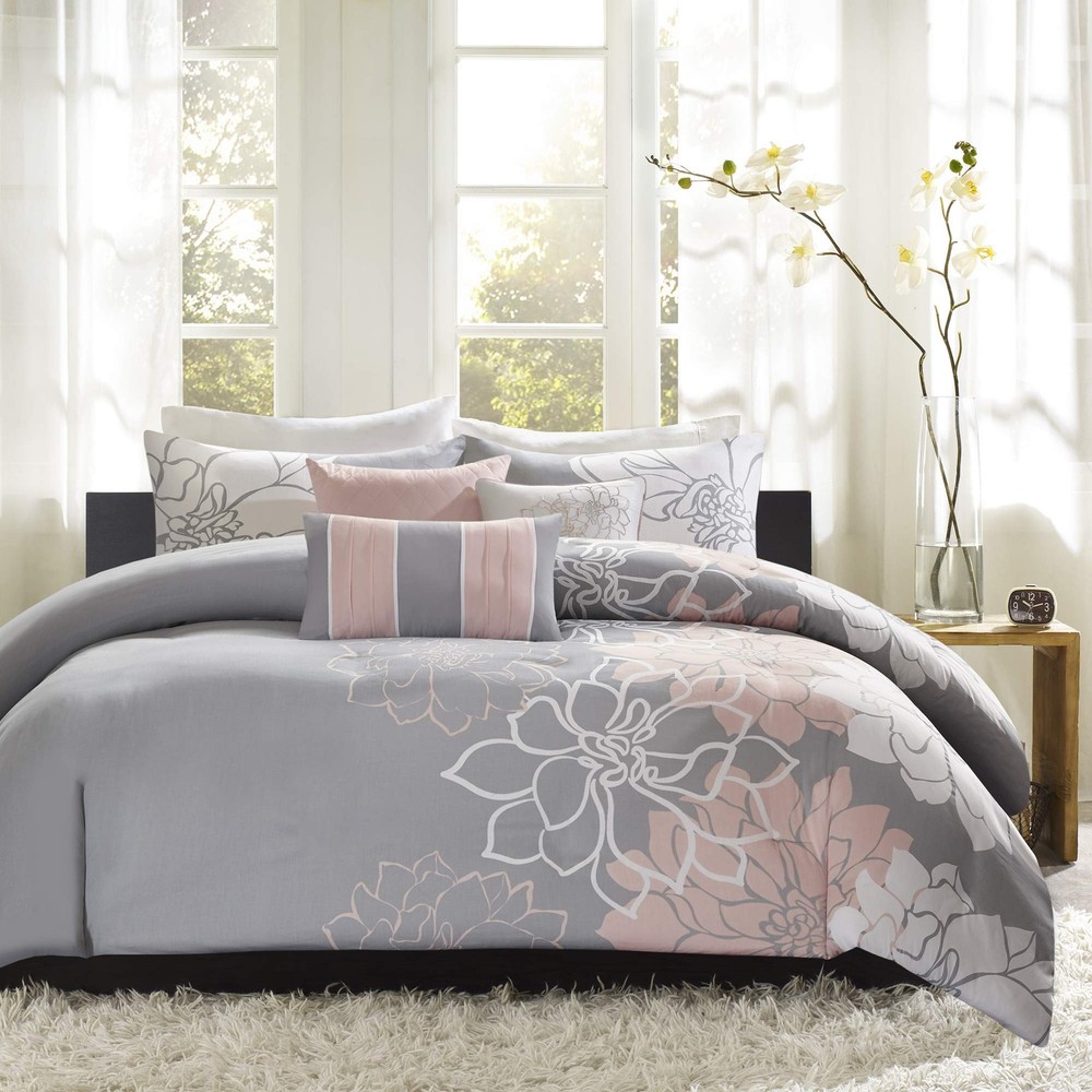 Madison Park Lola 100% Cotton Duvet Set with Floral Design and Ruffled Border