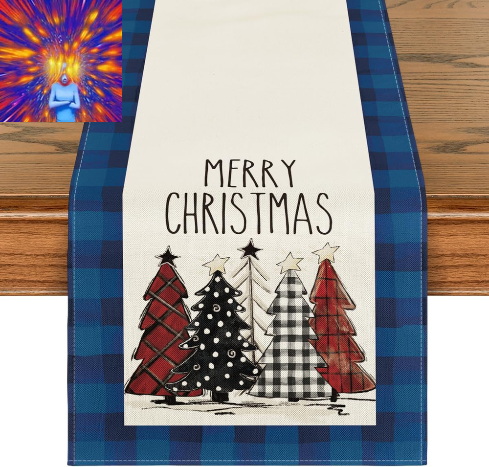 Watercolor Blue and Black Buffalo Plaid Christmas Trees Merry Xmas Table Runner,